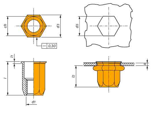 specialinsert 10447 стальная гаечная заклепка шестигранная суменьшенным буртиком